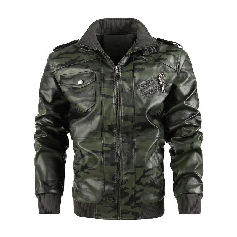 Herren Camouflage Kunstleder-Bomberjacke mit Schulterklappen, Reißverschlusstaschen und Rippsaum Drune