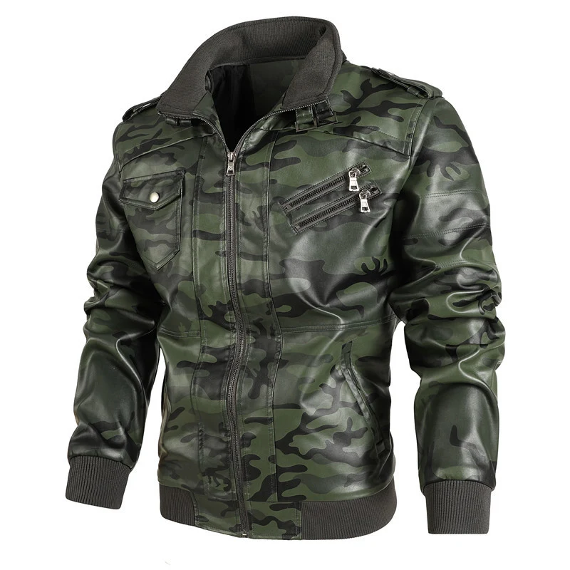 Herren Camouflage Kunstleder-Bomberjacke mit Schulterklappen, Reißverschlusstaschen und Rippsaum Drune