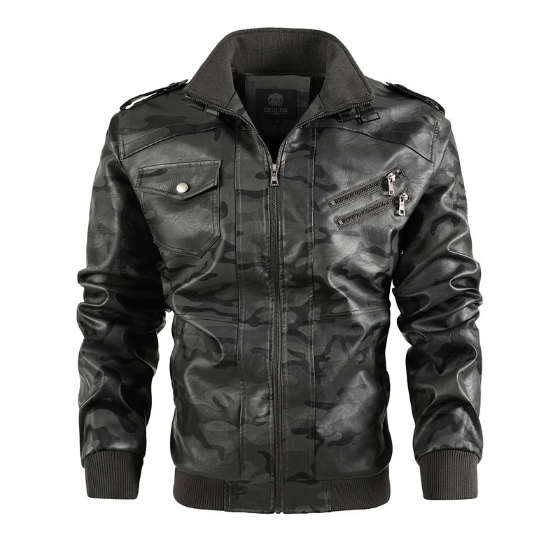 Herren Camouflage-Kunstleder-Bomberjacke im Pilotenstil mit Rippbündchen und Zipper-Taschen Drune