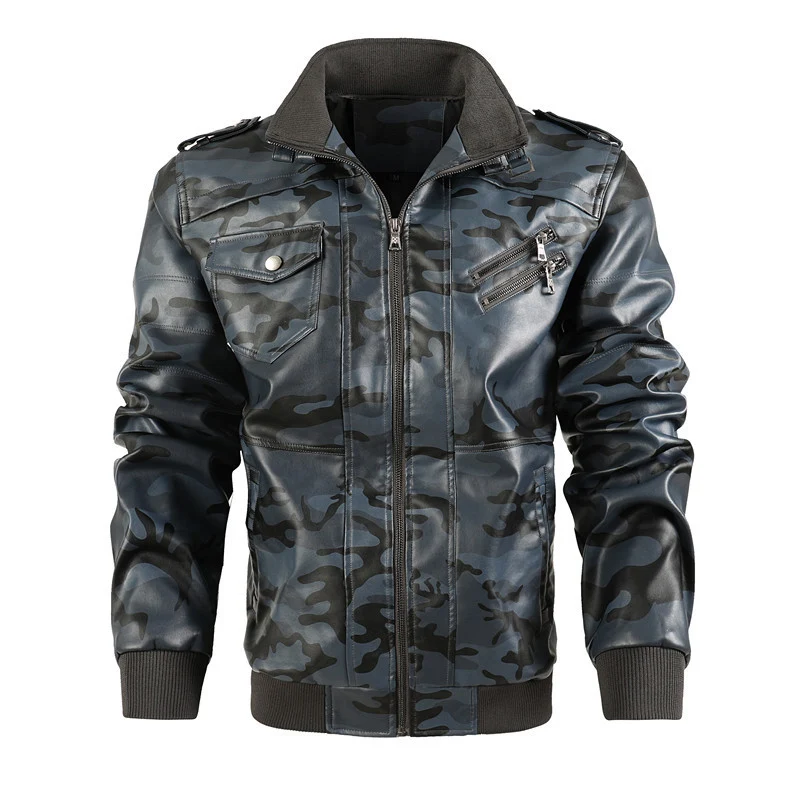 Herren Camouflage-Kunstleder-Bomberjacke im Pilotenstil mit Rippbündchen und Zipper-Taschen Drune