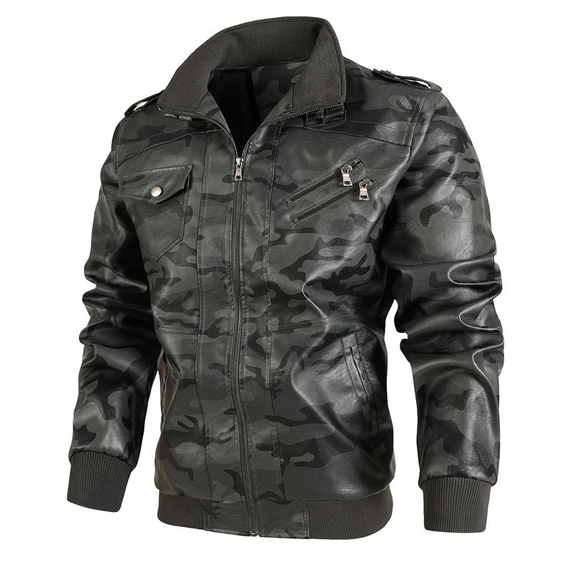 Herren Camouflage-Kunstleder-Bomberjacke im Pilotenstil mit Rippbündchen und Zipper-Taschen Drune
