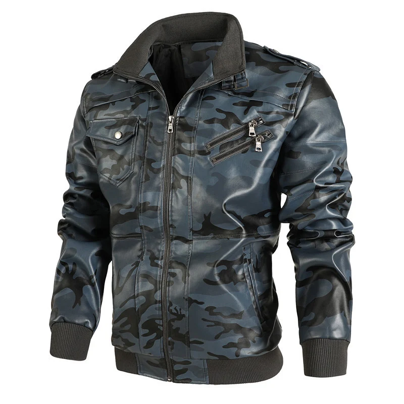 Herren Camouflage-Kunstleder-Bomberjacke im Pilotenstil mit Rippbündchen und Zipper-Taschen Drune
