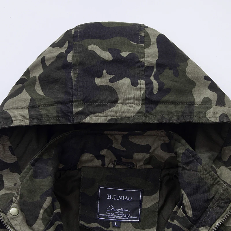 Herren Camouflage Fieldjacke mit Kapuze, Multifunktionalen Außentaschen und Kordzug-Taille Drune