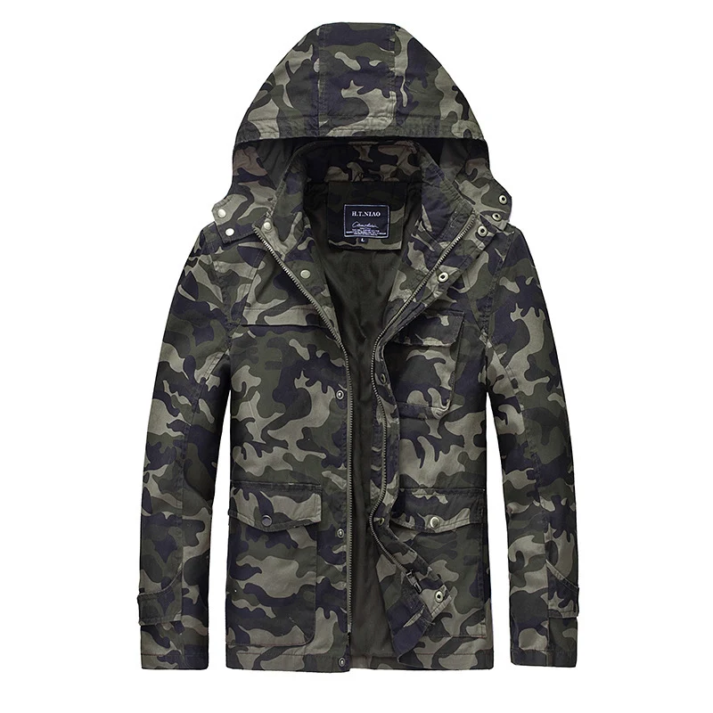 Herren Camouflage Fieldjacke mit Kapuze, Multifunktionalen Außentaschen und Kordzug-Taille Drune