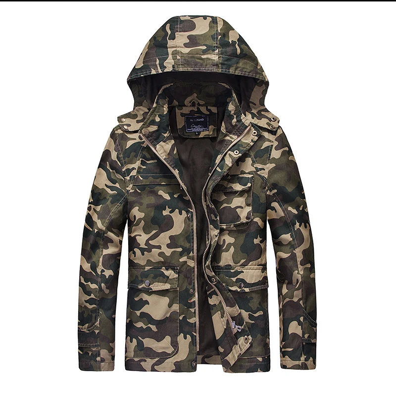 Herren Camouflage Fieldjacke mit Kapuze, Multifunktionalen Außentaschen und Kordzug-Taille Drune
