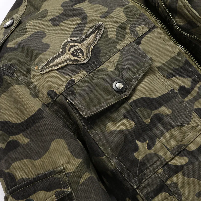 Herren Camouflage-Fieldjacke aus robustem Canvas mit Epauletten, Mehrfach‑Taschen und Stehkragen Drune