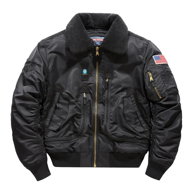 Herren Bomberjacke im Fliegerstil mit Sherpa-Kragen und multifunktionalen Reißverschlusstaschen Drune