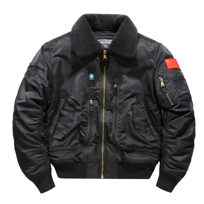 Herren Bomberjacke im Fliegerstil mit Sherpa-Kragen und multifunktionalen Reißverschlusstaschen Drune