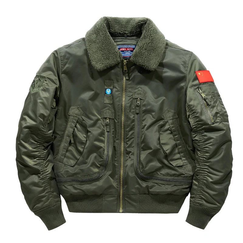 Herren Bomberjacke im Fliegerstil mit Sherpa-Kragen und multifunktionalen Reißverschlusstaschen Drune