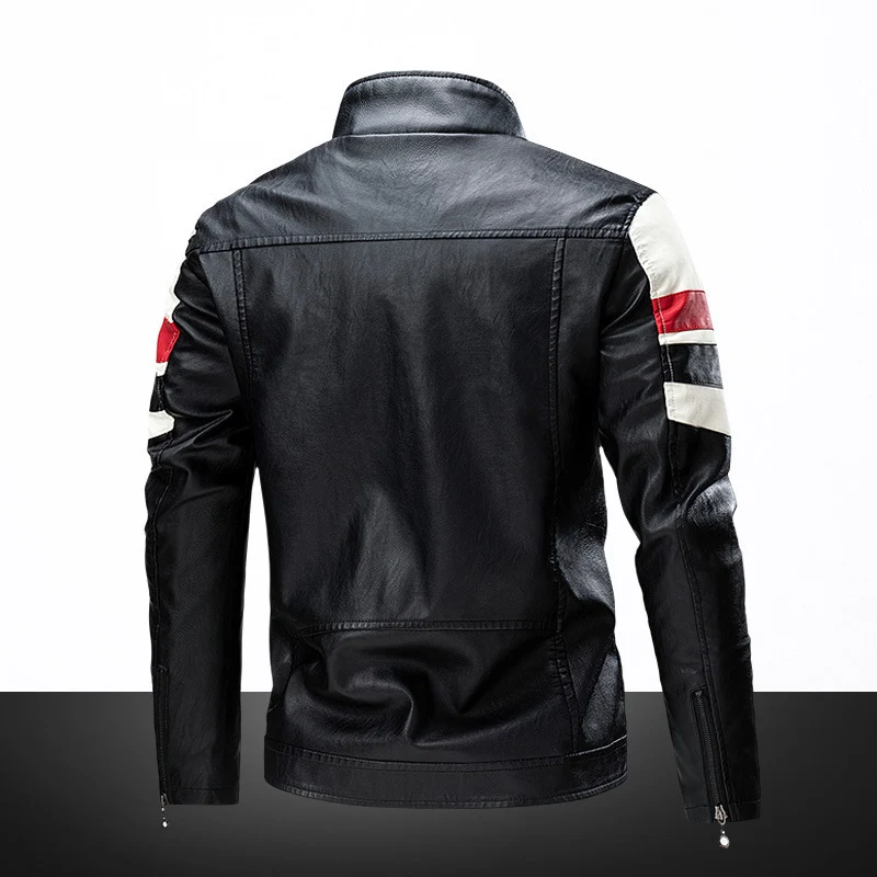 Herren Bikerjacke aus Kunstleder mit kontrastierenden Streifen und Stehkragen Drune