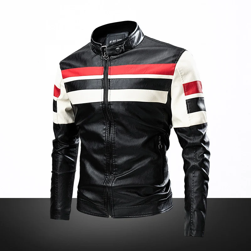 Herren Bikerjacke aus Kunstleder mit kontrastierenden Streifen und Stehkragen Drune