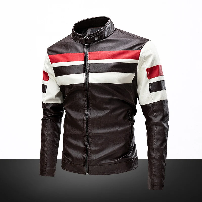 Herren Bikerjacke aus Kunstleder mit kontrastierenden Streifen und Stehkragen Drune