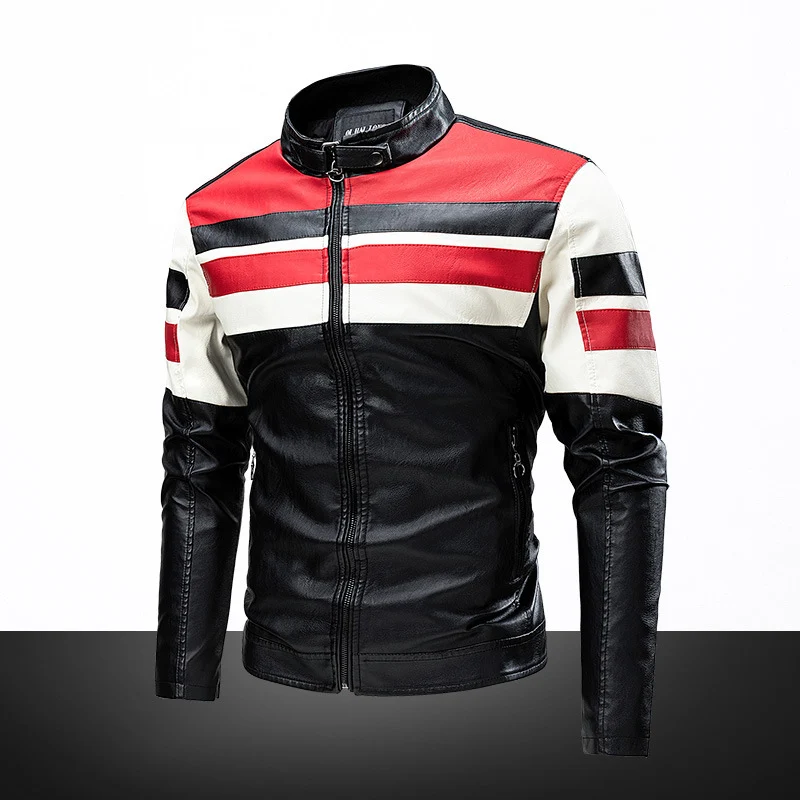 Herren Bikerjacke aus Kunstleder mit kontrastierenden Streifen und Stehkragen Drune
