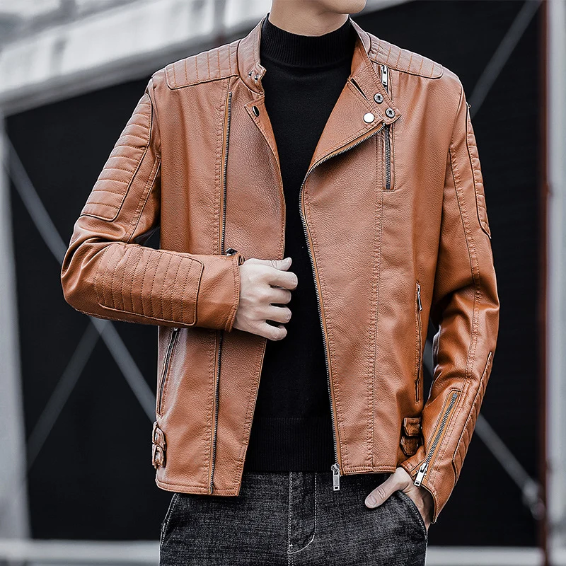 Herren Bikerjacke aus Kunstleder mit gesteppter Ärmelpasse und Stehkragen Drune