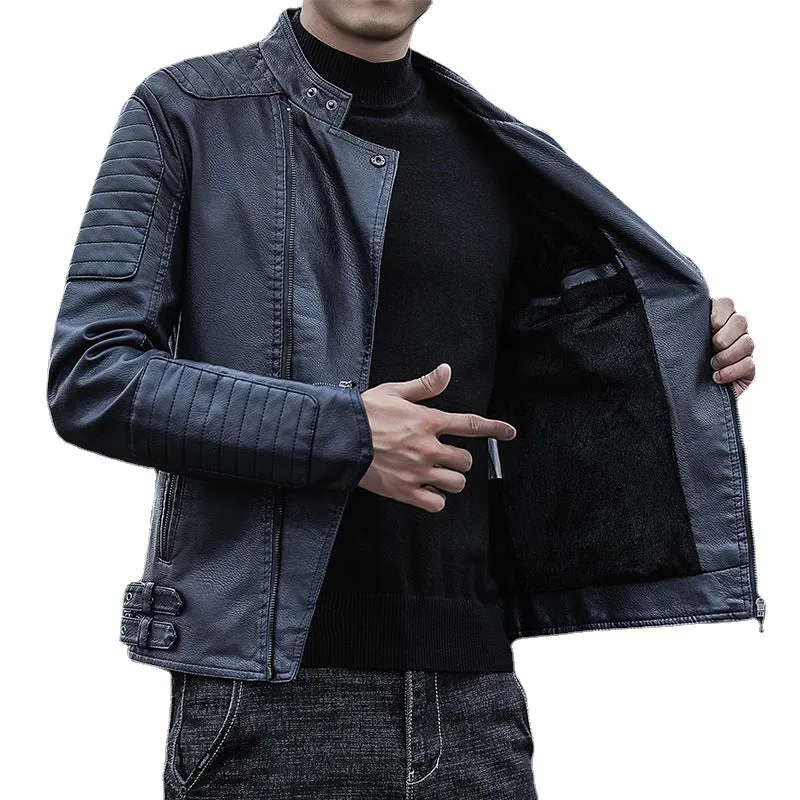 Herren Bikerjacke aus Kunstleder mit gesteppter Ärmelpasse und Stehkragen Drune