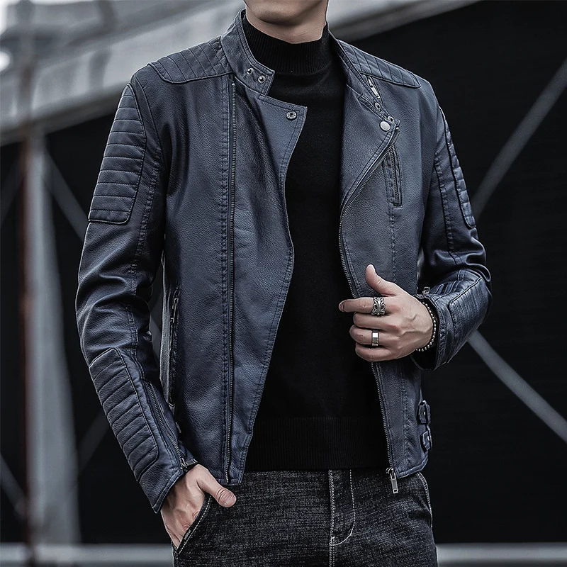 Herren Bikerjacke aus Kunstleder mit gesteppter Ärmelpasse und Stehkragen Drune
