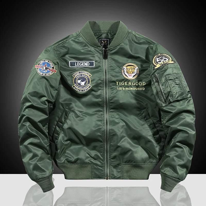 Herren bestickte Nylon-Flightjacke mit großflächigem Tiger- und Motorradmotiv Drune