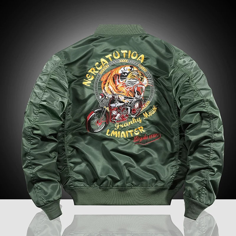 Herren bestickte Nylon-Flightjacke mit großflächigem Tiger- und Motorradmotiv Drune