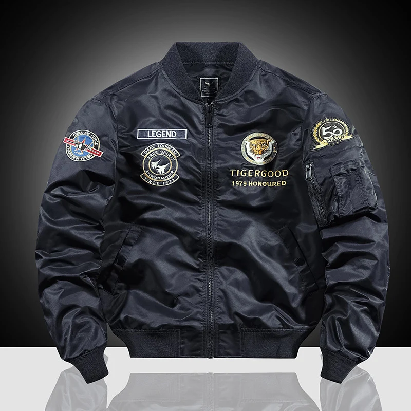 Herren bestickte Nylon-Flightjacke mit großflächigem Tiger- und Motorradmotiv Drune