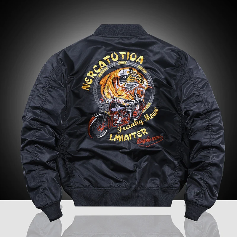 Herren bestickte Nylon-Flightjacke mit großflächigem Tiger- und Motorradmotiv Drune