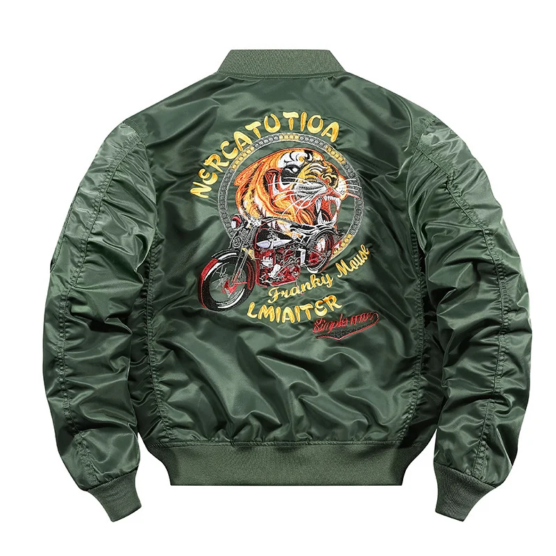 Herren bestickte Nylon-Flightjacke mit großflächigem Tiger- und Motorradmotiv Drune