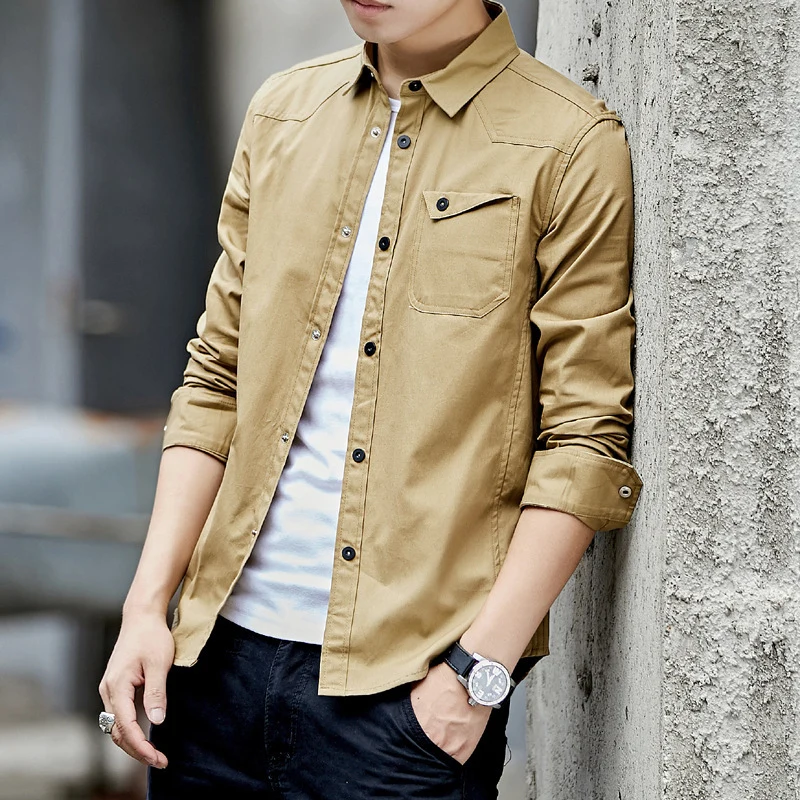 Herren Baumwoll-Overshirt im Worker-Style mit Brustpattentasche und Hemdkragen Drune