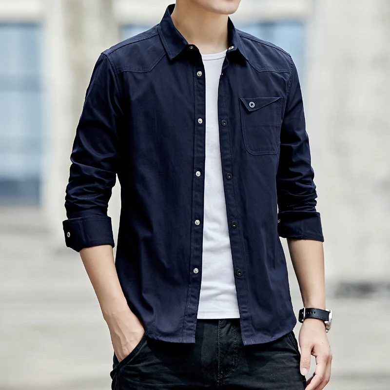 Herren Baumwoll-Overshirt im Worker-Style mit Brustpattentasche und Hemdkragen Drune