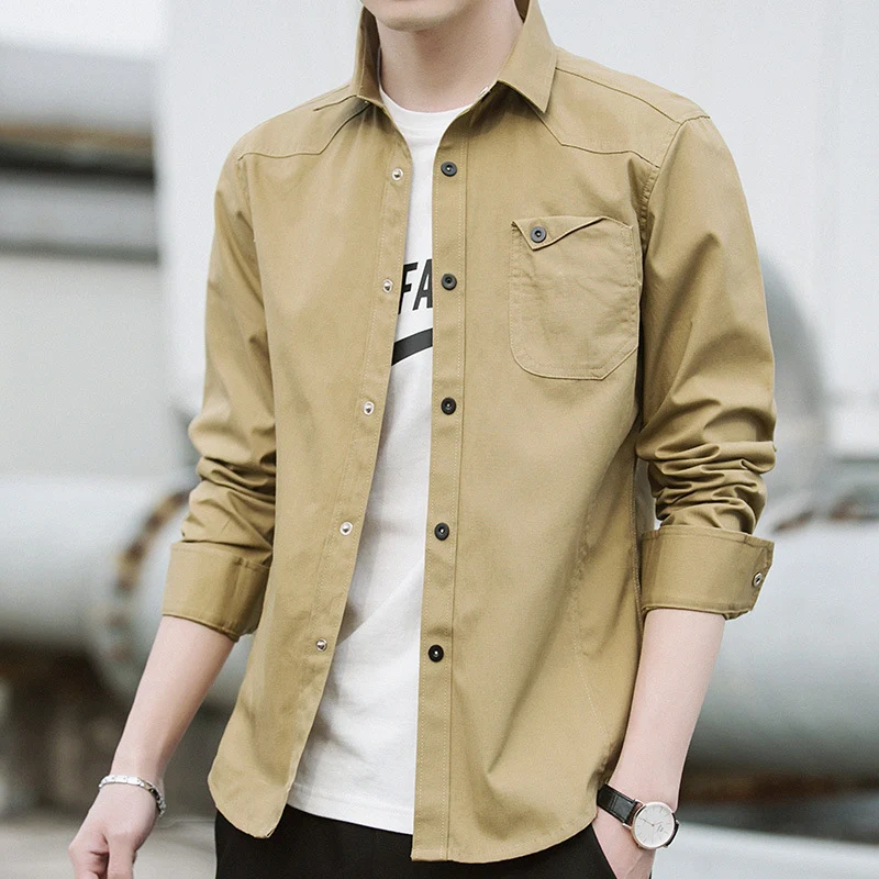 Herren Baumwoll-Overshirt im Worker-Style mit Brustpattentasche und Hemdkragen Drune