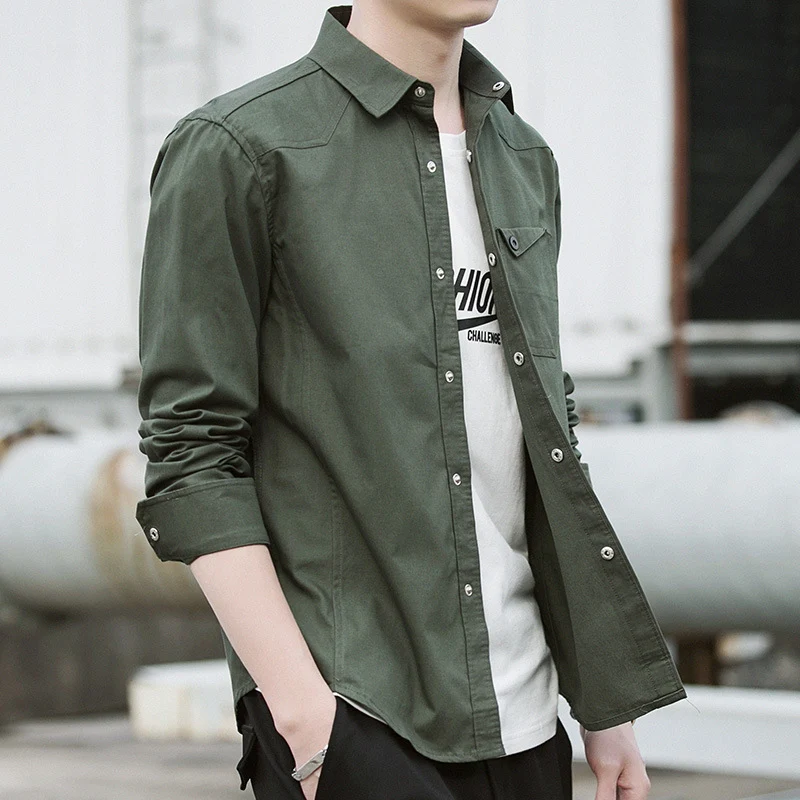 Herren Baumwoll-Overshirt im Worker-Style mit Brustpattentasche und Hemdkragen Drune