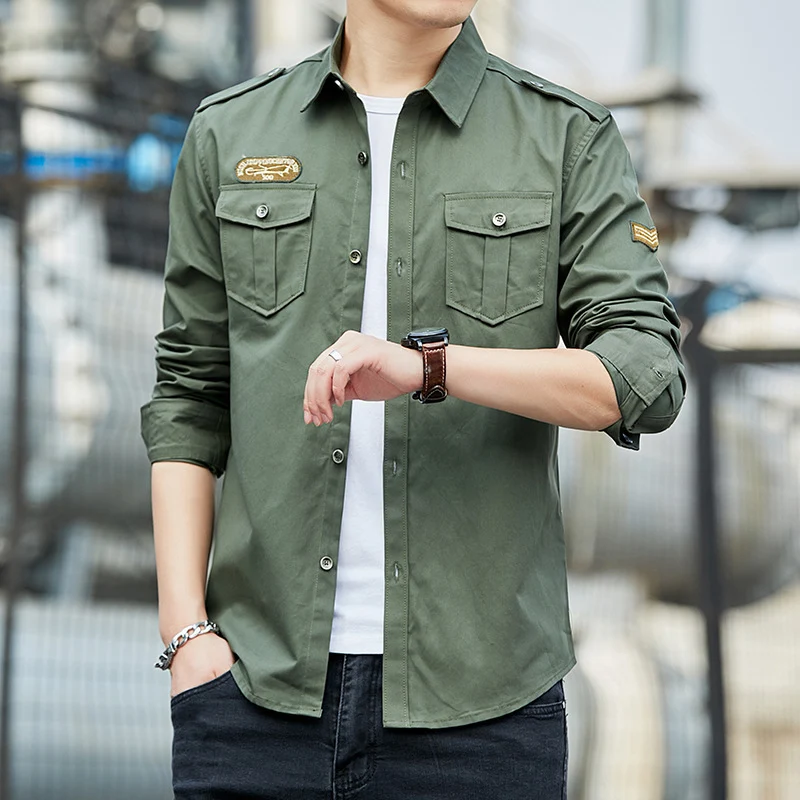 Herren Baumwoll-Fieldshirt im Military-Look mit Schulterepauletten und Brustpattentaschen Drune