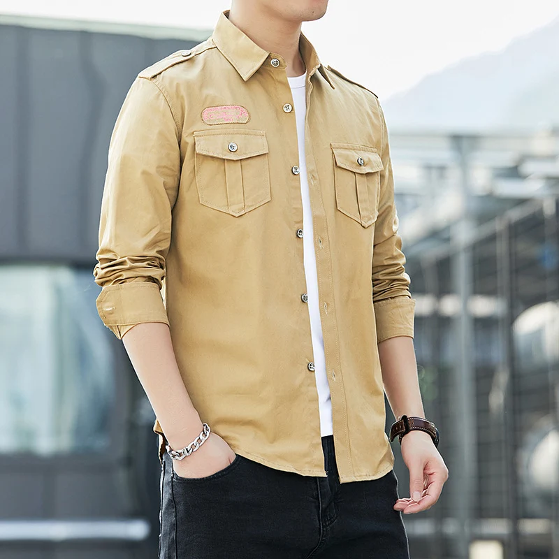 Herren Baumwoll-Fieldshirt im Military-Look mit Schulterepauletten und Brustpattentaschen Drune