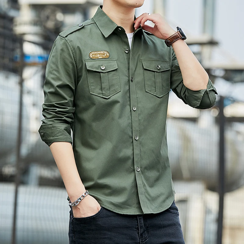 Herren Baumwoll-Fieldshirt im Military-Look mit Schulterepauletten und Brustpattentaschen Drune