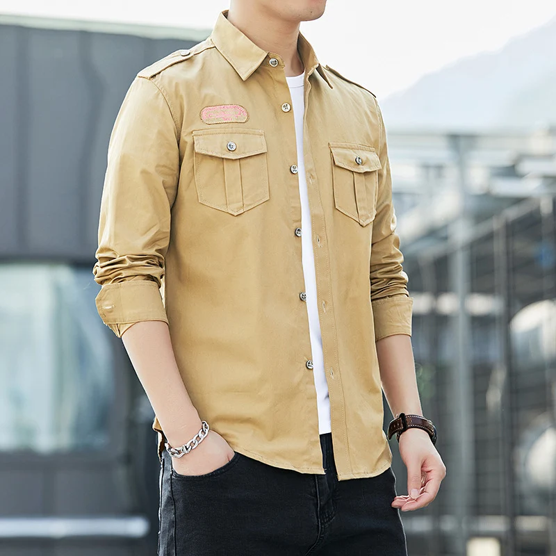 Herren Baumwoll-Fieldshirt im Military-Look mit Schulterepauletten und Brustpattentaschen Drune
