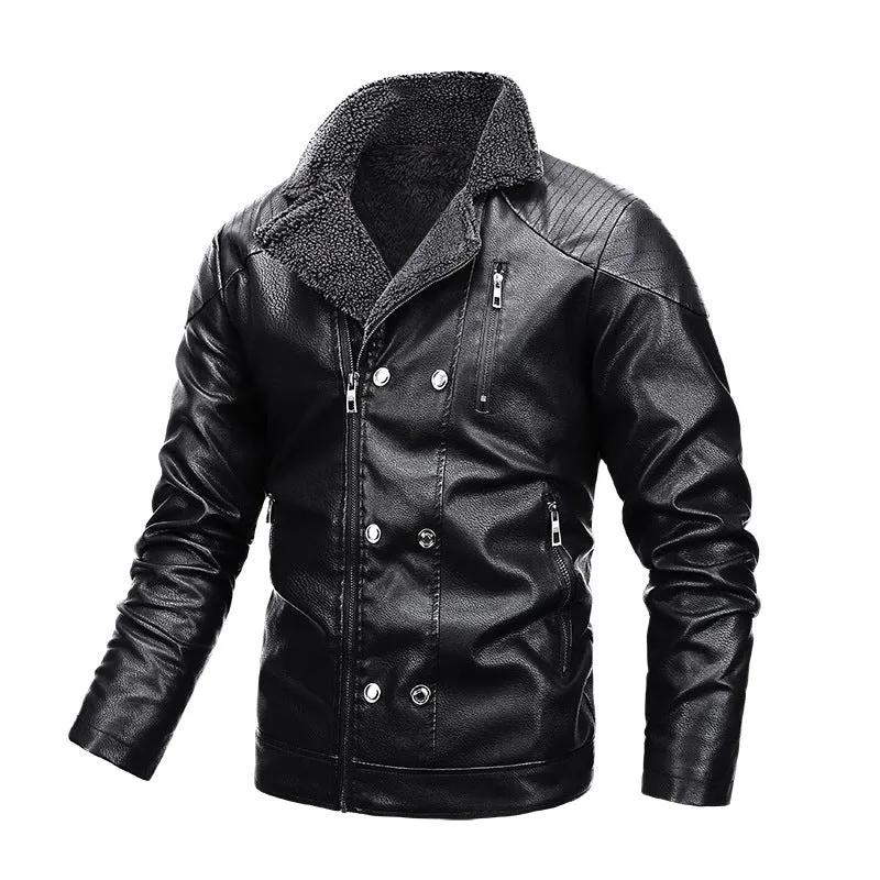 Herren Aviator-Lederoptik-Blouson mit Sherpa‑Kragen und asymmetrischer Doppelreißverschluss Drune