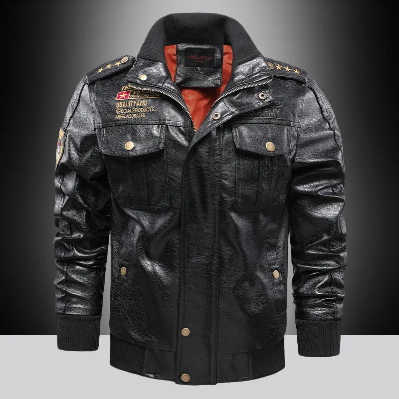 Herren Aviator‑inspiriertes Vintage Kunstleder‑Fliegerblouson mit Schulterepauletten und Pattentaschen Drune