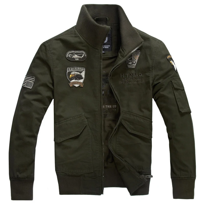 Herren Aviator-Canvasblouson mit Stickpatches, Stehkragen und Multifunktions-Pattentaschen Drune