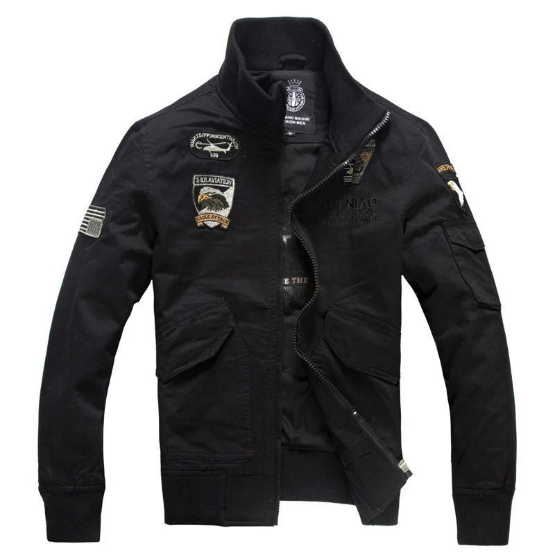 Herren Aviator-Canvasblouson mit Stickpatches, Stehkragen und Multifunktions-Pattentaschen Drune