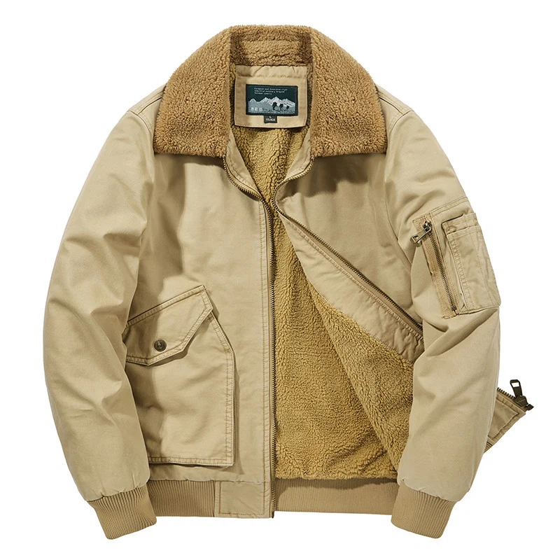Herren Aviator-Blouson aus Canvas mit Sherpa-Kragen, Teddyfleece-Innenfutter und Multifunktions-Taschen Drune