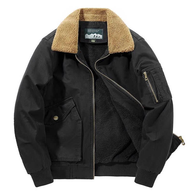 Herren Aviator-Blouson aus Canvas mit Sherpa-Kragen, Teddyfleece-Innenfutter und Multifunktions-Taschen Drune
