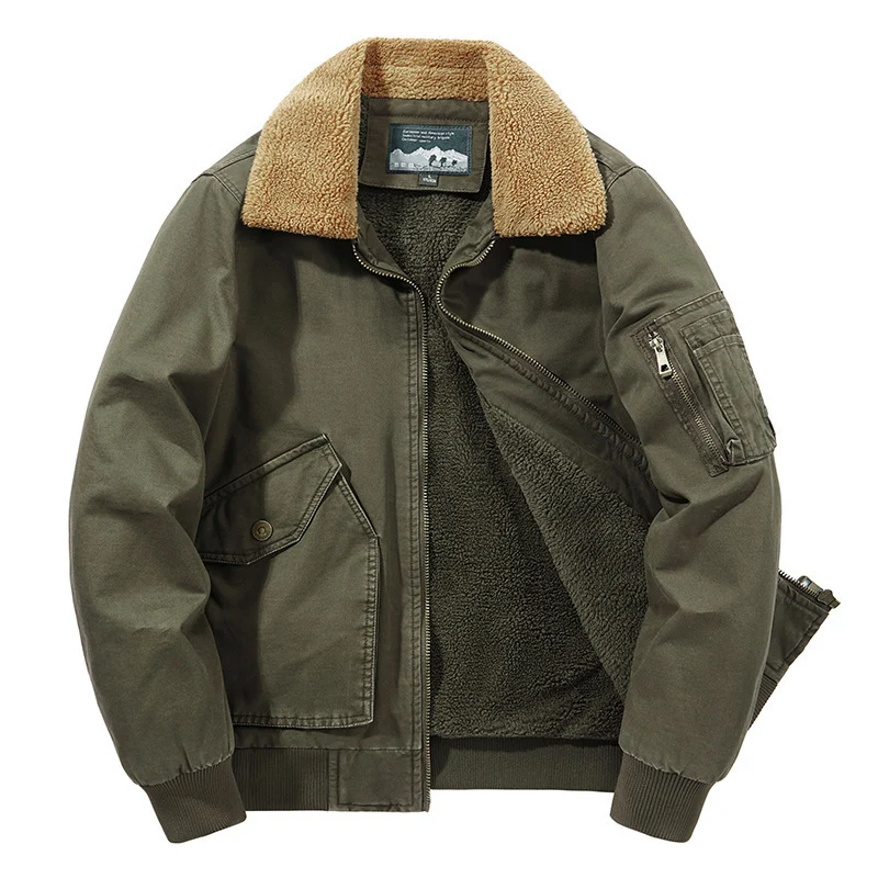 Herren Aviator-Blouson aus Canvas mit Sherpa-Kragen, Teddyfleece-Innenfutter und Multifunktions-Taschen Drune