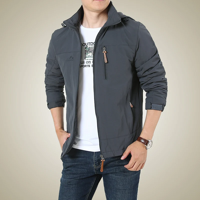 Herren Atmungsaktive Softshell-Windbreakerjacke mit verdeckter Kapuze und Utility-Brusttasche Drune