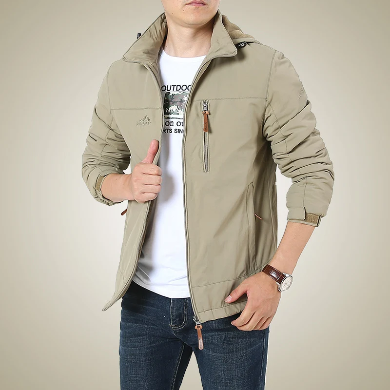 Herren Atmungsaktive Softshell-Windbreakerjacke mit verdeckter Kapuze und Utility-Brusttasche Drune