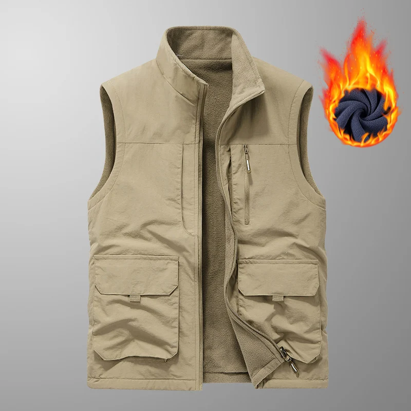 Herren Ärmellose Thermo-Utility‑Weste mit Teddyfleece‑Futter, Multifunktions‑Taschen und hohem Stehkragen Drune