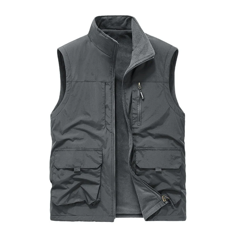 Herren Ärmellose Thermo-Utility‑Weste mit Teddyfleece‑Futter, Multifunktions‑Taschen und hohem Stehkragen Drune