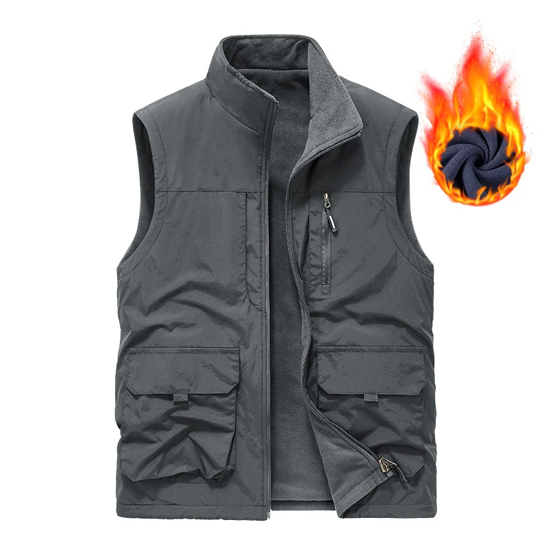 Herren Ärmellose Thermo-Utility‑Weste mit Teddyfleece‑Futter, Multifunktions‑Taschen und hohem Stehkragen Drune