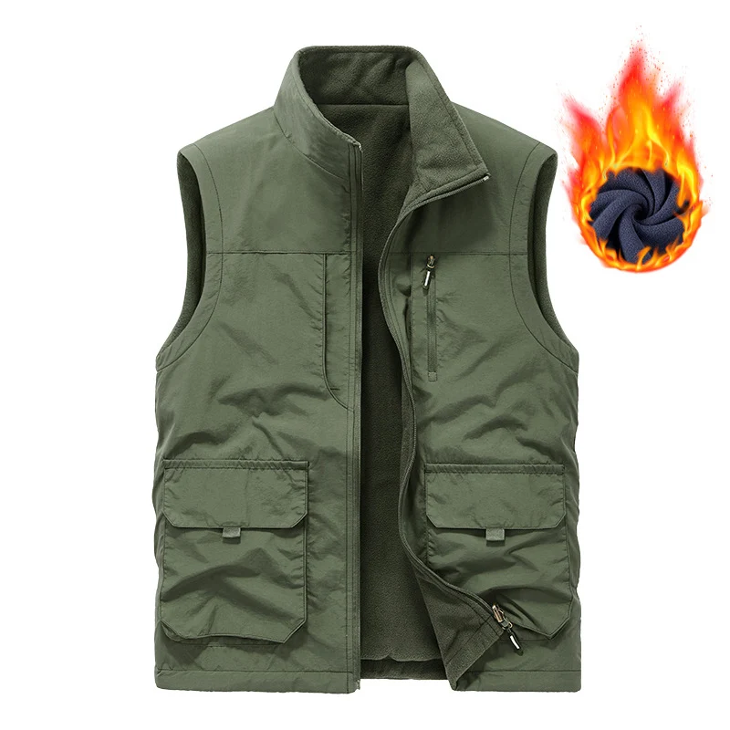 Herren Ärmellose Thermo-Utility‑Weste mit Teddyfleece‑Futter, Multifunktions‑Taschen und hohem Stehkragen Drune