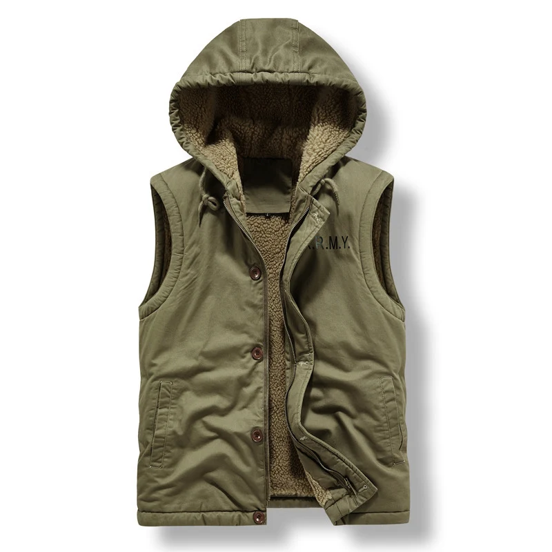 Herren Ärmellose Canvas‑Weste mit Teddyfleece‑Futter, Kapuze und Zweiwege‑Reißverschluss Drune