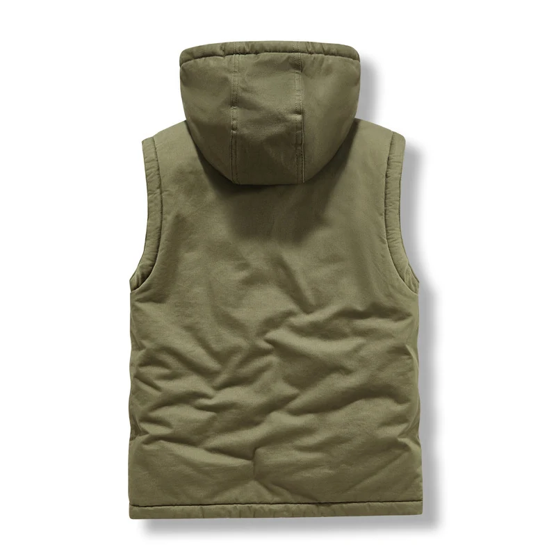 Herren Ärmellose Canvas‑Weste mit Teddyfleece‑Futter, Kapuze und Zweiwege‑Reißverschluss Drune