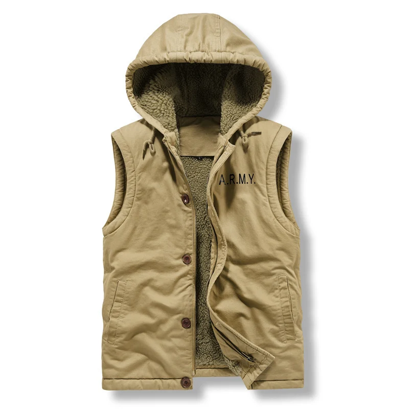 Herren Ärmellose Canvas‑Weste mit Teddyfleece‑Futter, Kapuze und Zweiwege‑Reißverschluss Drune