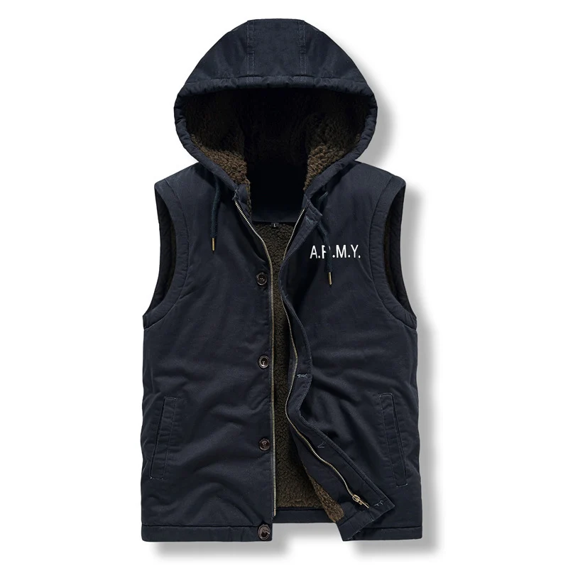 Herren Ärmellose Canvas‑Weste mit Teddyfleece‑Futter, Kapuze und Zweiwege‑Reißverschluss Drune